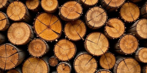 A Stack of Natural Wood Logs, Showing the Circular Cross-Sections and the Detailed Grain Patterns of the Timber