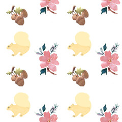 seamless pattern with squirrel with acorns and pine flower