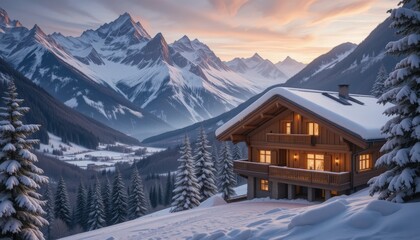 Fototapeta premium A charming wooden cabin sits warmly illuminated against a breathtaking mountain backdrop as the sun sets, casting soft hues over the snow-blanketed landscape. Pine trees surround the serene setting