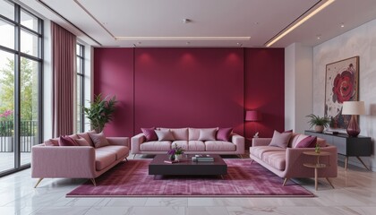 A beautifully designed living room features plush sofas in soft pink tones, contrasting with rich burgundy walls
