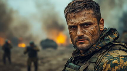 Obraz premium Military man in special uniform on the battlefield