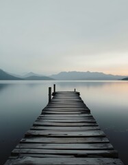 A serene view of a wooden dock extending into a calm lake surrounded by mountains under a hazy sky