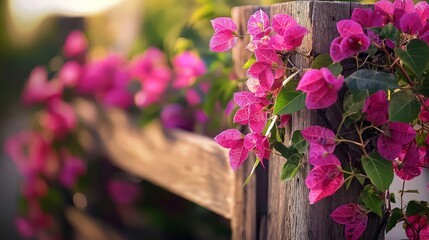 Pink bougainvillea blooms on rustic fence, sunset garden.