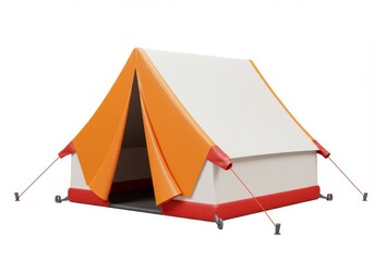 A 3D illustration of a vibrant camping tent with an orange, white and red color scheme