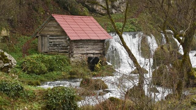 Cascades on mountain river Krupa in settlement Krupa na Vrbasu near Banja Luka, known by its water mills