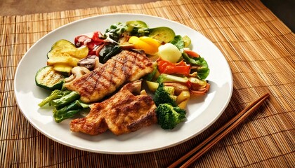 Grilled fish and vegetables platter home kitchen food photography cozy atmosphere top view healthy eating