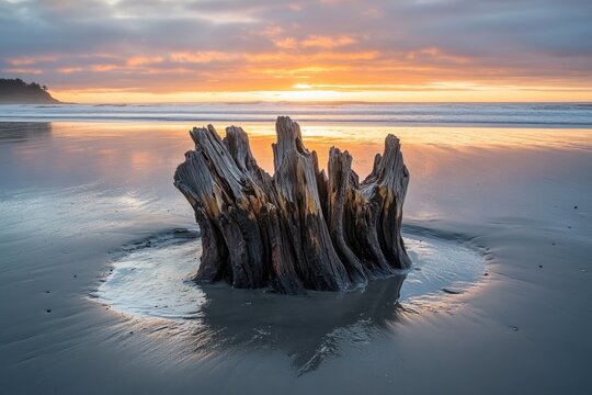 Sunset casts a golden glow on a weathered tree stump standing on a tranquil beach.