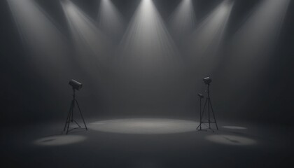 Amidst swirling mist, powerful lights pierce the darkness, illuminating an empty stage that invites anticipation for an unforgettable performance in a captivating atmosphere