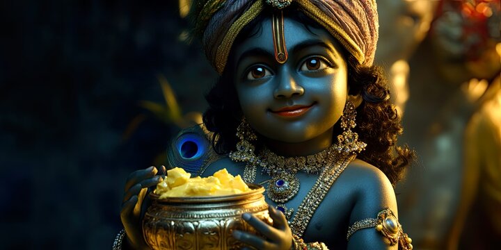 Mischievous Krishna Butter Pot Hindu Deity Indian Mythology Spiritual Art Religious Symbol