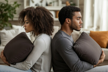 Upset young couple sitting back to back holding pillows after having quarrel at home
