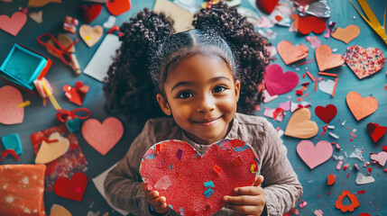 Kids engaged in making Valentine’s Day crafts, like cutting out and decorating paper hearts, with colorful supplies scattered around.