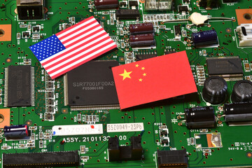 Flag of the Republic of China and USA on a pc motherboard with Microchip. Concept for supremacy in global microchip and semiconductor manufacturing. Italy