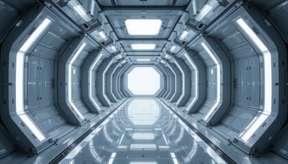 Obraz premium Shiny surfaces reflect bright, cool light illuminating a corridor designed with modern architecture. The symmetry creates a sense of depth, inviting exploration into the unknown