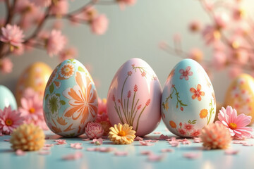 Fototapeta premium three Decorative Easter eggs with floral patterns