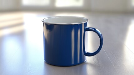 Blue enamel mug on bright wood, sunlit room