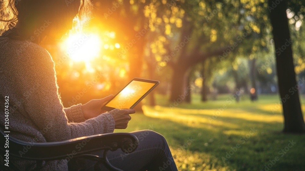 Poster Relaxing in the park while enjoying a tablet during sunset. Generative AI
