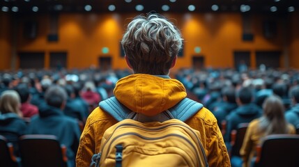 Young person in a yellow jacket facing a large audience in a conference hall, focused on learning