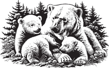  Polar Bear Family Illustration: Black and White Vector Outline Art © shinheo