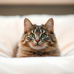 Cute tabby cat on white bedding.