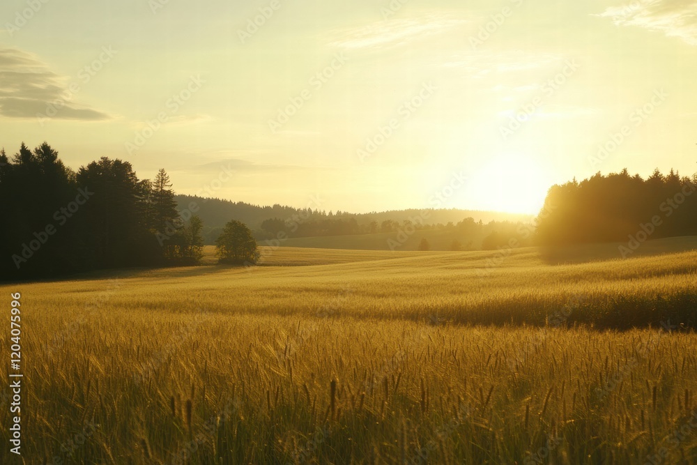 Poster golden wheat fields under soft sunset light near a forested area in rural countryside. generative ai