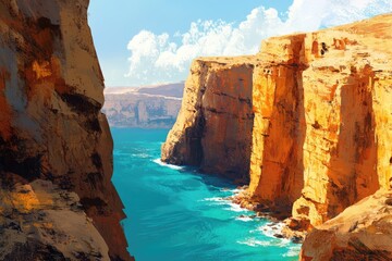 A picturesque coastal scene with towering, sun-kissed cliffs embracing a vibrant turquoise sea under a bright sky.