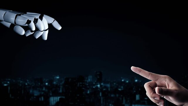 Futuristic robot artificial intelligence enlightening AI technology development and machine learning concept. Global robotic bionic science research for future of human life. 3D rendering graphic.