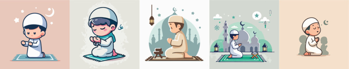 Collection of vectors of Muslim children praying