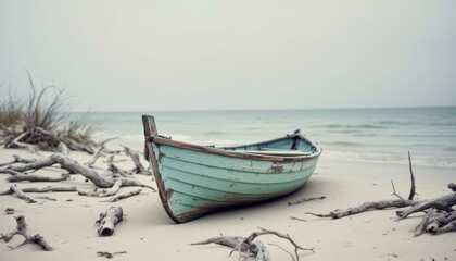 Fototapeta premium A weathered blue rowboat sits on a sandy beach by the calm ocean under an overcast sky