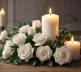 Romantic floral arrangement with white rose and candle, tranquility, romance