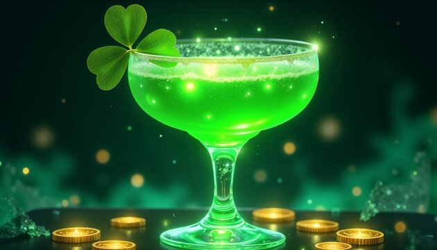 Green cocktail with clover leaf and gold coins on dark background for St. Patrick's Day - Powered by Adobe