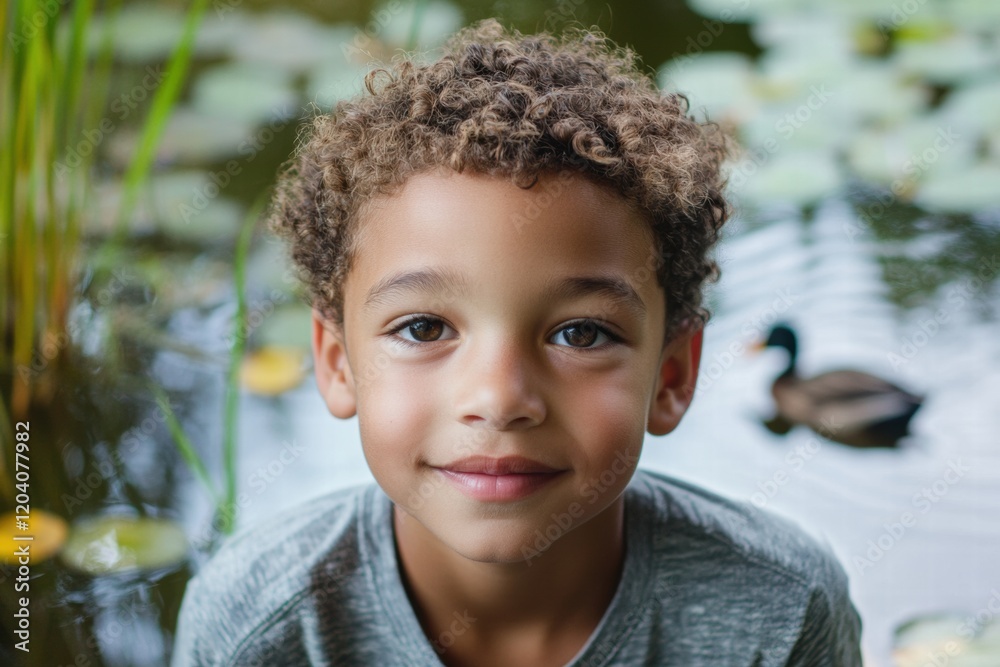 Aufkleber boy with curly hair smiling by the water surrounded by lily pads and a duck in the background during