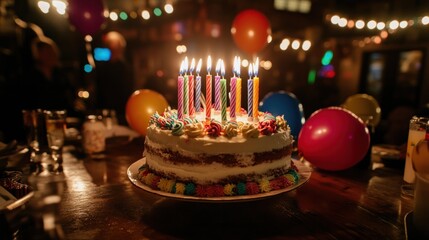 A delicious birthday cake with colorful candles on a wooden table during a celebration