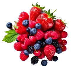 Obraz premium Fresh strawberries, raspberries and blueberries creating a colorful mix on transparent background