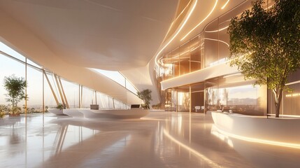 Modern office lobby sunset view