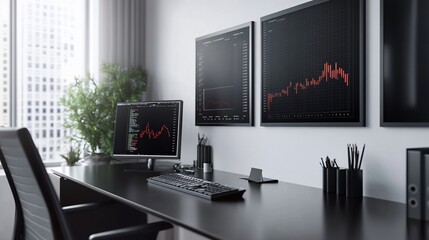 Modern office, stock market data, city view, financial analysis