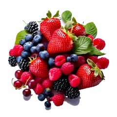 Obraz premium Fresh ripe forest berries creating colorful mix on white background
