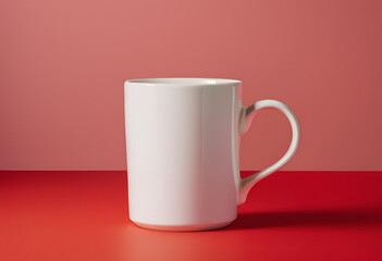 Blank white mug mockup on red background.
