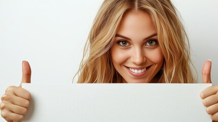 Naklejka premium Young Woman Smiling and Holding Blank Sign for Advertising or Announcement Purposes