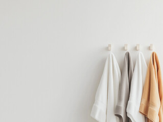 Minimalist Bathroom Decor: Soft Towels Hanging on Hooks Against a White Wall