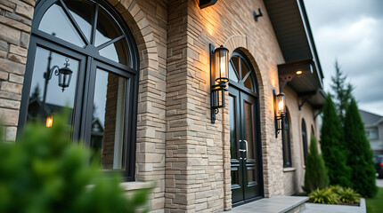 Luxury House Exterior: Modern Stone Facade, Elegant Design, and Grand Entrance.  A stunning showcase of residential architecture and home design.