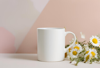 Blank white mug mockup on flower background.