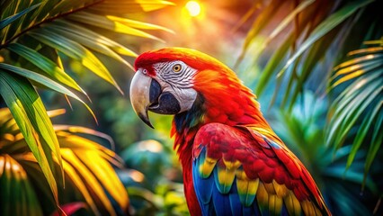Obraz premium Vibrant Macaw in Lush Tropical Paradise: Abstract Documentary Style