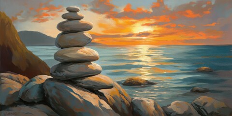 Balanced stones against sunset coastal view