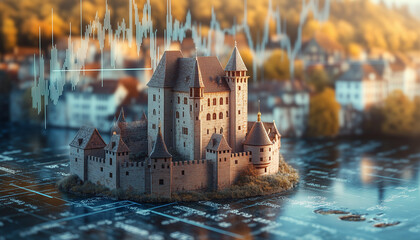model of a castle on technical grid symbolising a moat and price chart in the background