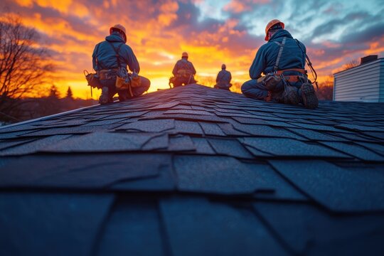 Team of roofers diligently working on wooden house structures under the sun.