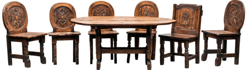 Elegant wooden dining table set with intricately designed chairs for stylish interiors. transparent background