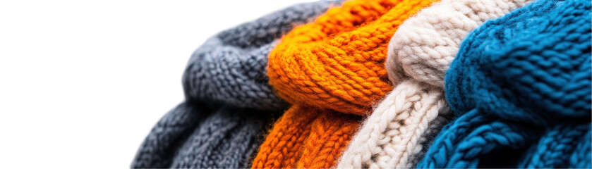 A collection of colorful knitted scarves, perfect for winter fashion and warmth. transparent background