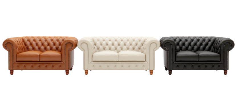 A collection of elegant sofas in brown, cream, and black for stylish interior design. transparent background
