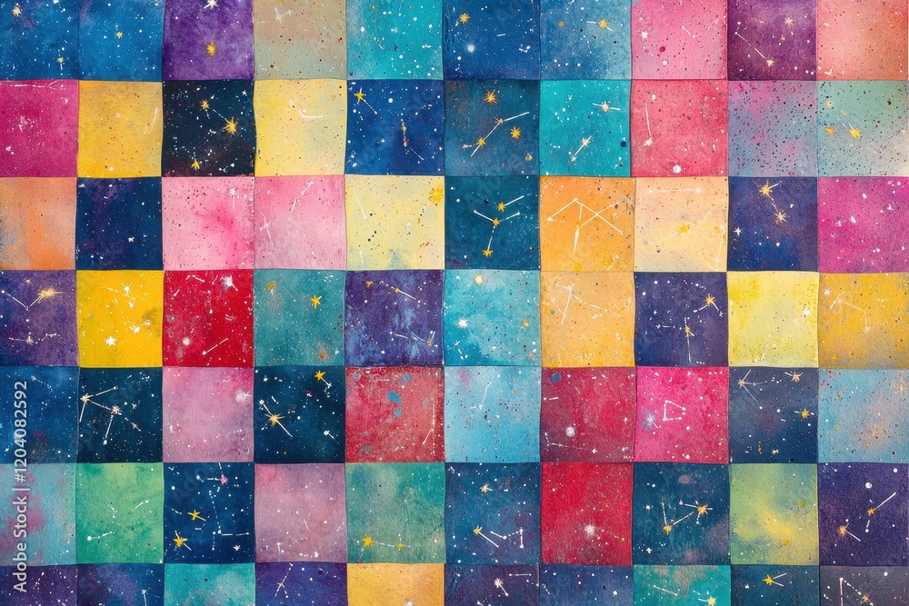 Poster a grid of colorful squares with stars and constellations. a vibrant mosaic featuring an array of col