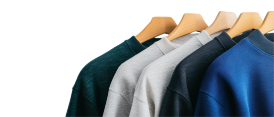 A collection of stylish sweatshirts hanging on wooden hangers in various colors. transparent background